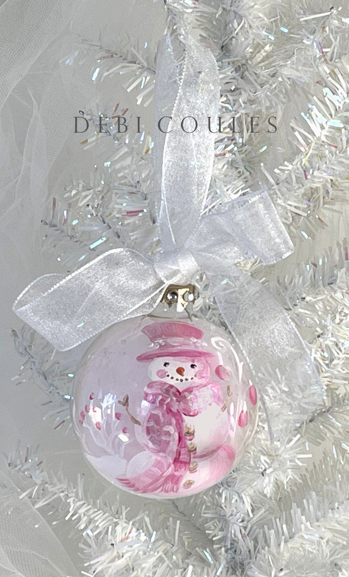 Shabby Chic Hand-Painted Glass Globe Ornament – Snowman with Pink Hat & Roses, Gold Leaf & Swarovski Crystals, Signed by Debi Coules