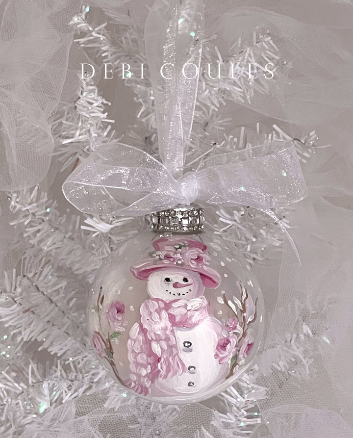 Shabby Chic Pink Snowman Iridescent Glass Globe Ornament Roses Rhinestones Original Debi Coules