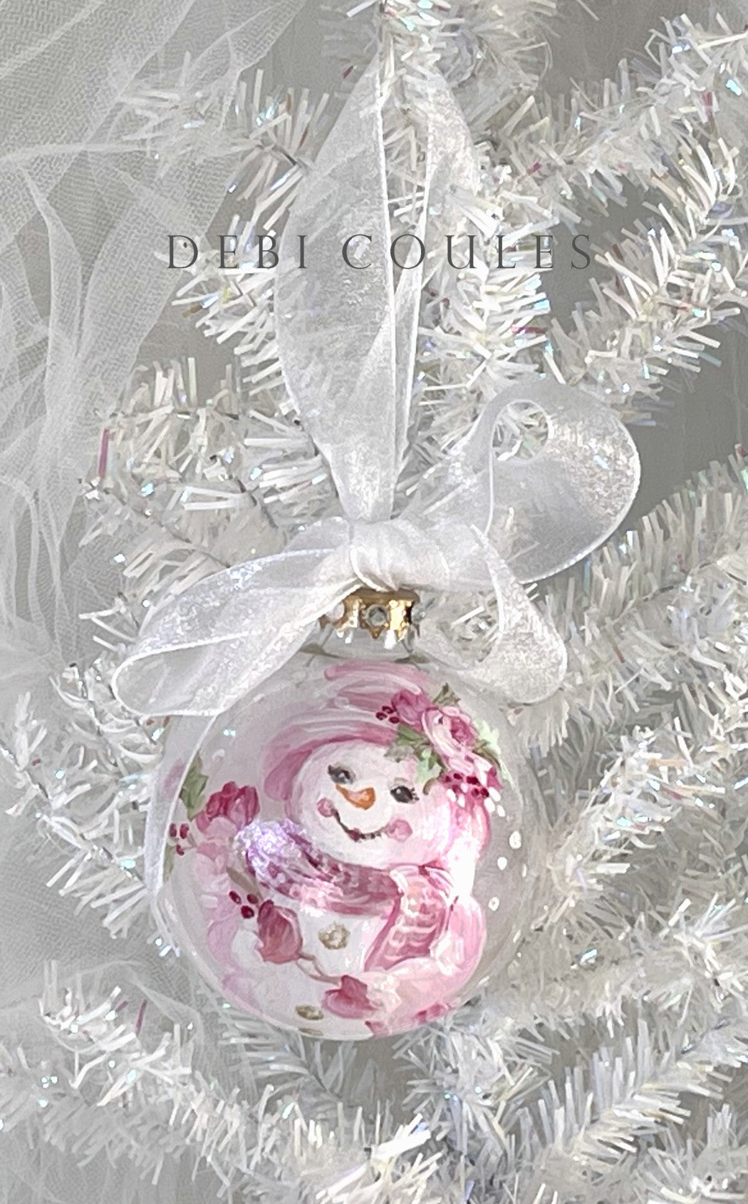 Shabby Chic Hand-Painted Glass Globe Ornament – Snowman with Pink Hat with Roses, Gold Leaf & Swarovski Crystals, Signed by Debi Coules (Copy)