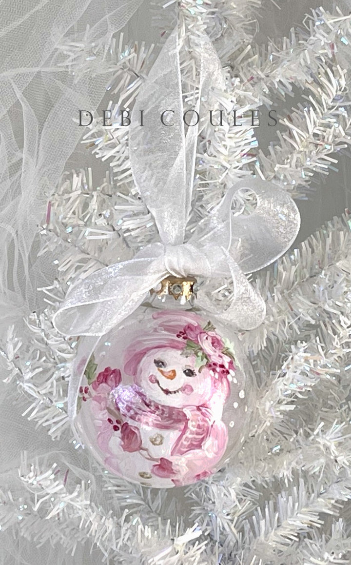 Shabby Chic Hand-Painted Glass Globe Ornament – Snowman with Pink Hat with Roses, Gold Leaf & Swarovski Crystals, Signed by Debi Coules (Copy)