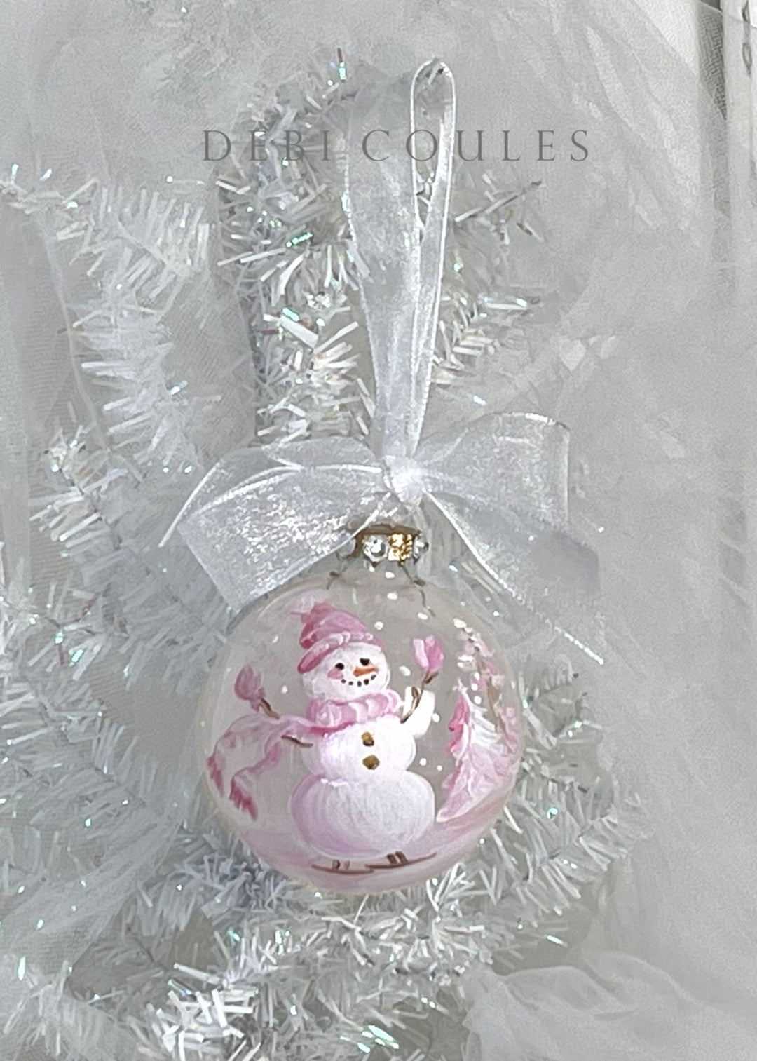 Hand-Painted Snowman Skating Glass Globe Ornament — Swarovski Crystal Rhinestones, Gold Leaf & Touch of Sparkle by Debi Coules