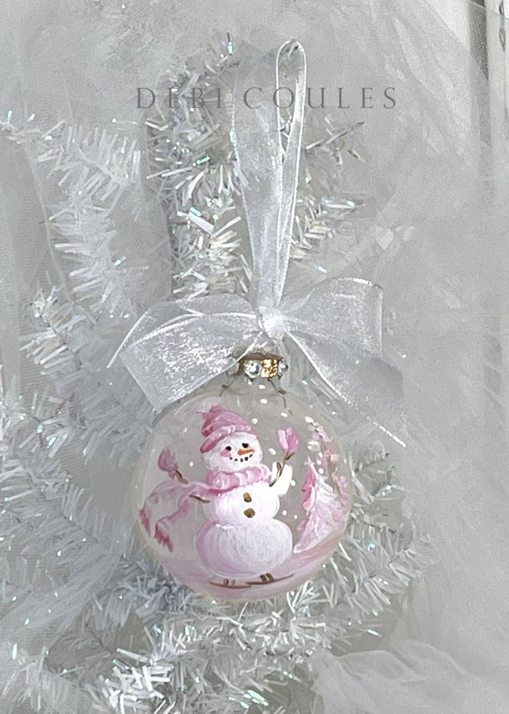 Hand-Painted Snowman Skating Glass Globe Ornament — Swarovski Crystal Rhinestones, Gold Leaf & Touch of Sparkle by Debi Coules