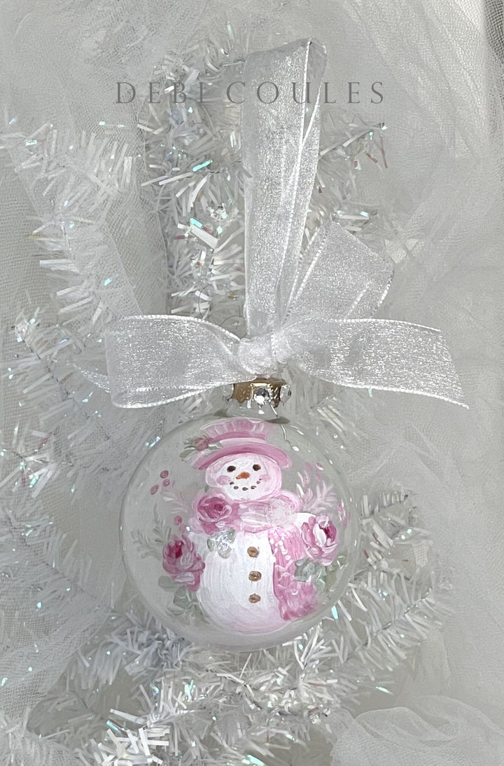 Hand-Painted Snowman with Roses Glass Globe Ornament by Debi Coules