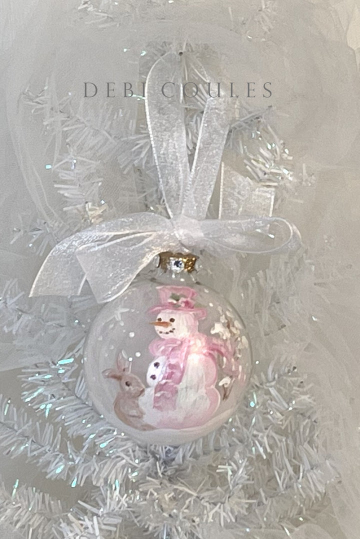 Hand-Painted Snowman with Bunny Glass Globe Ornament by Debi Coules