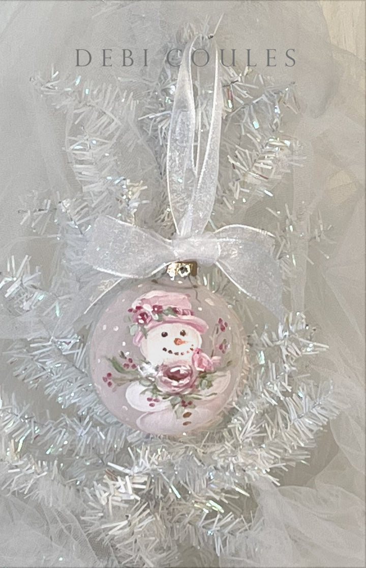Hand-Painted Snowman with Bird’s Nest Glass Globe Ornament by Debi Coules
