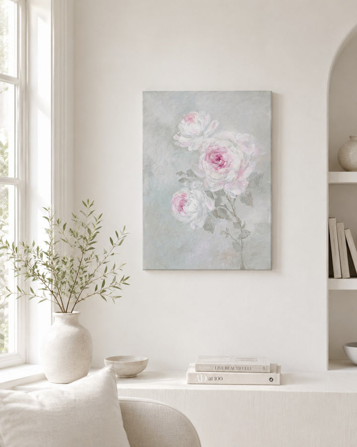 Softly Remembered – Blush Pink Rose Floral Art Print | Romantic Cottagecore Wall Art | Canvas or Paper Print