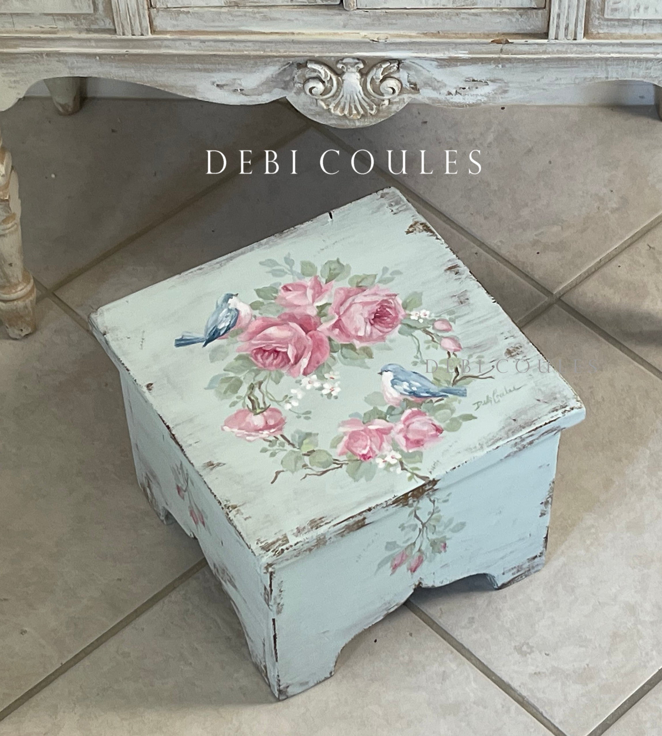 Vintage Shabby Chic Stool with Bluebirds & Pink Cabbage Roses Wrea ...
