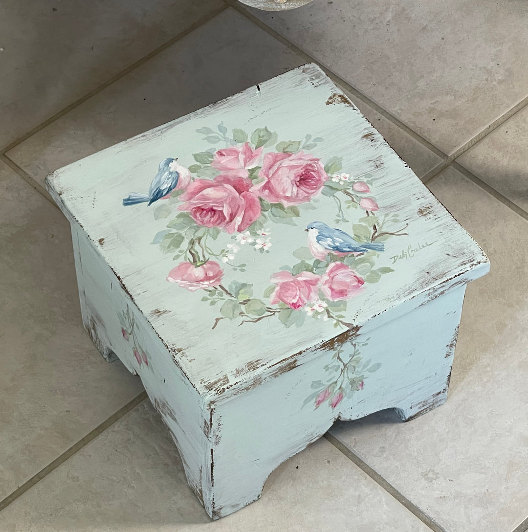 Vintage Shabby Chic Stool with Bluebirds &amp; Pink Cabbage Roses Wreath – Original by Debi Coules