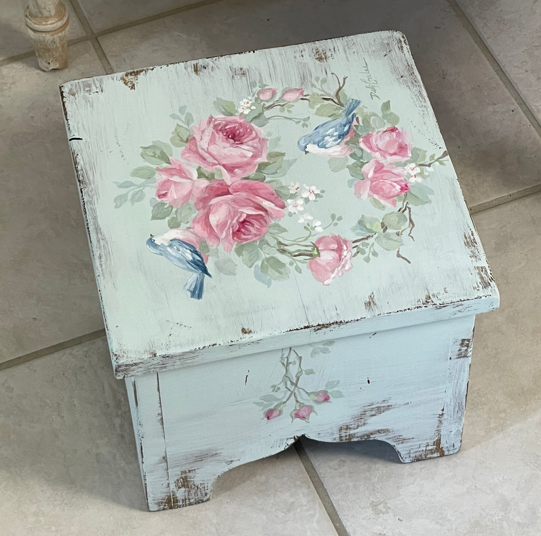 Vintage Shabby Chic Stool with Bluebirds &amp; Pink Cabbage Roses Wreath – Original by Debi Coules