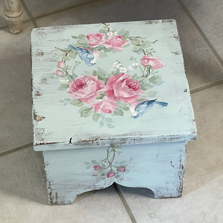 Vintage Shabby Chic Stool with Bluebirds &amp; Pink Cabbage Roses Wreath – Original by Debi Coules
