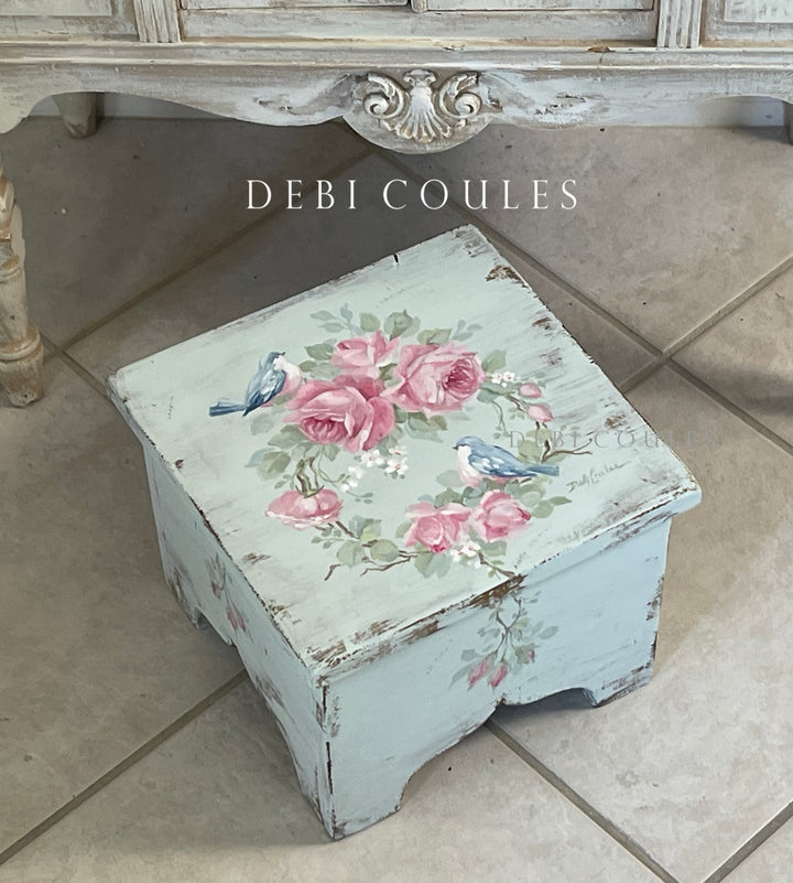 Vintage Shabby Chic Stool with Bluebirds &amp; Pink Cabbage Roses Wreath – Original by Debi Coules