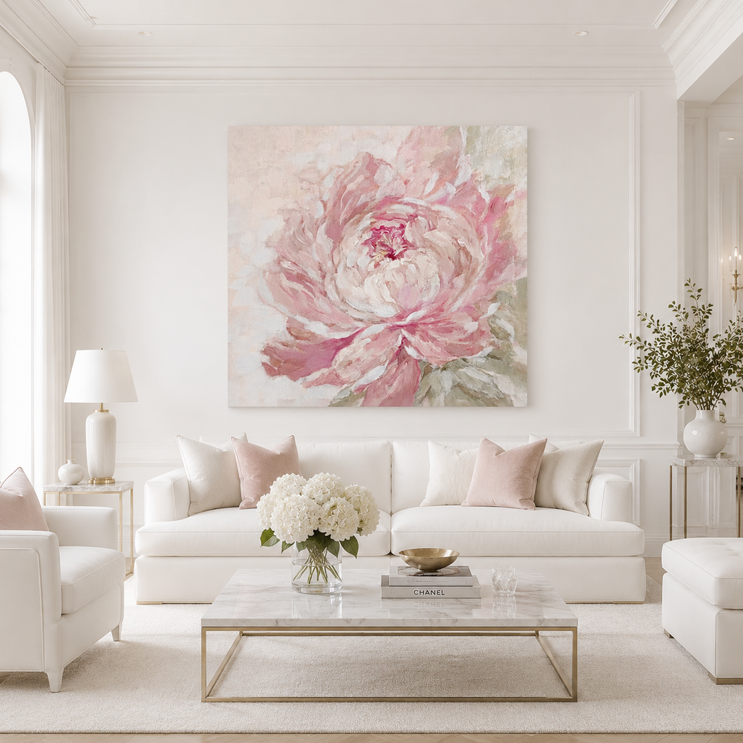 Living room with a large pink floral canvas print on the wall, white sofa, and marble coffee table.