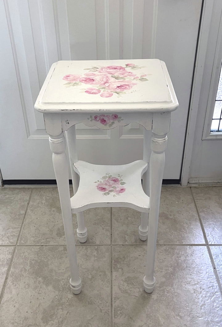 Shabby Chic Antique Hand Painted Pink Roses Table With Shelf Original by Debi Coules
