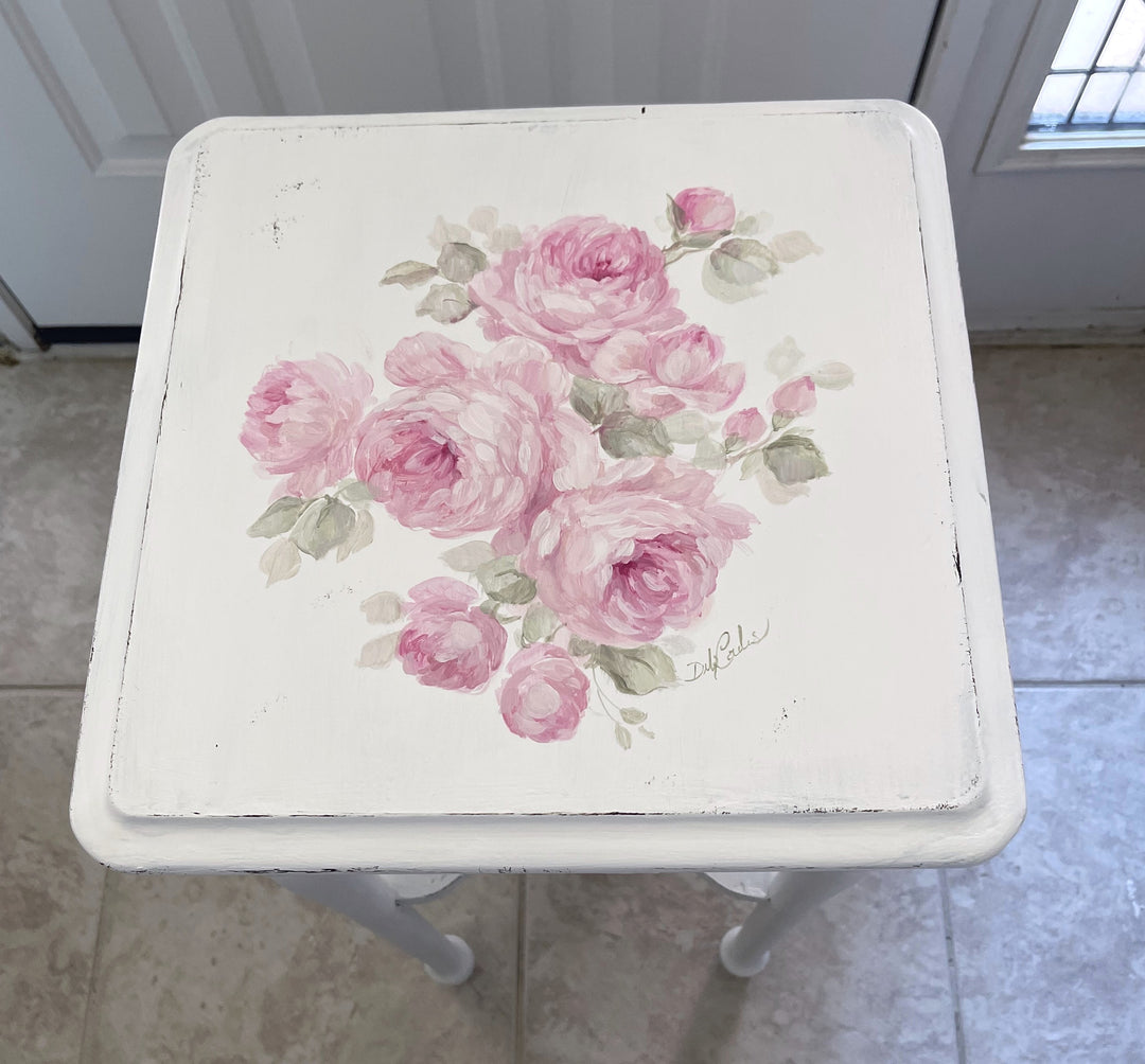 Shabby Chic Antique Hand Painted Pink Roses Table With Shelf Original by Debi Coules