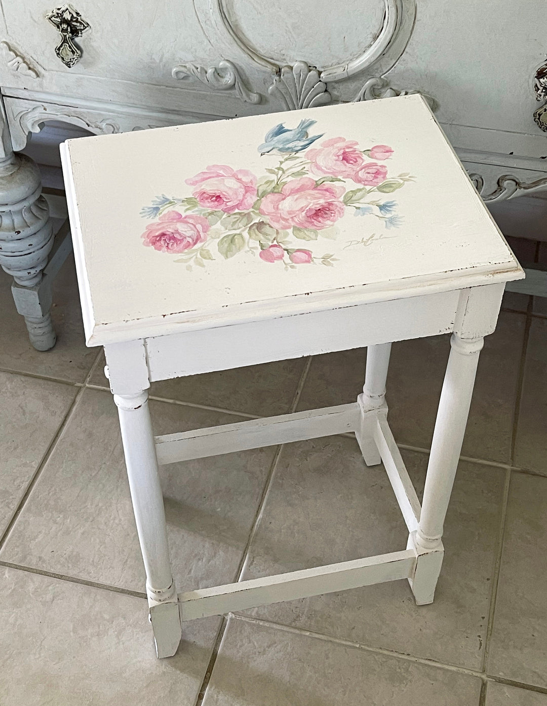 Vintage Hand-Painted Bluebird &amp; Roses Accent Table – Signed Original by Debi Coule