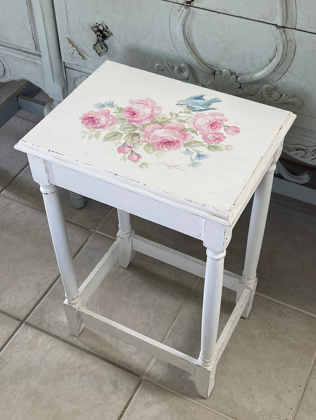 Vintage Hand-Painted Bluebird &amp; Roses Accent Table – Signed Original by Debi Coule