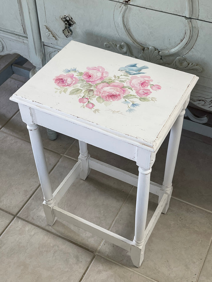 Vintage Hand-Painted Bluebird &amp; Roses Accent Table – Signed Original by Debi Coule