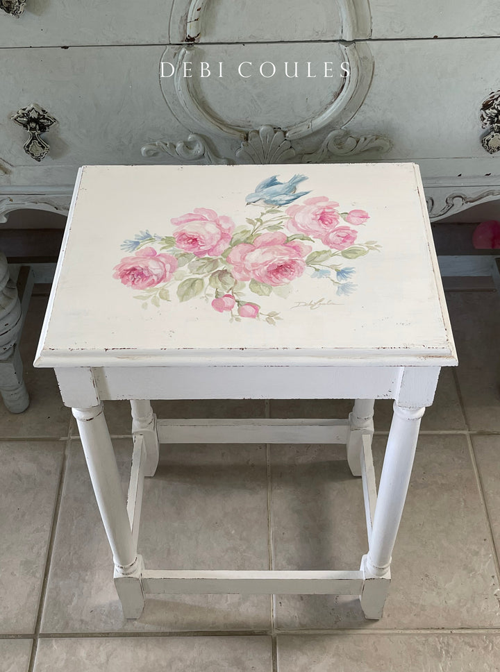 Vintage Hand-Painted Bluebird &amp; Roses Accent Table – Signed Original by Debi Coule