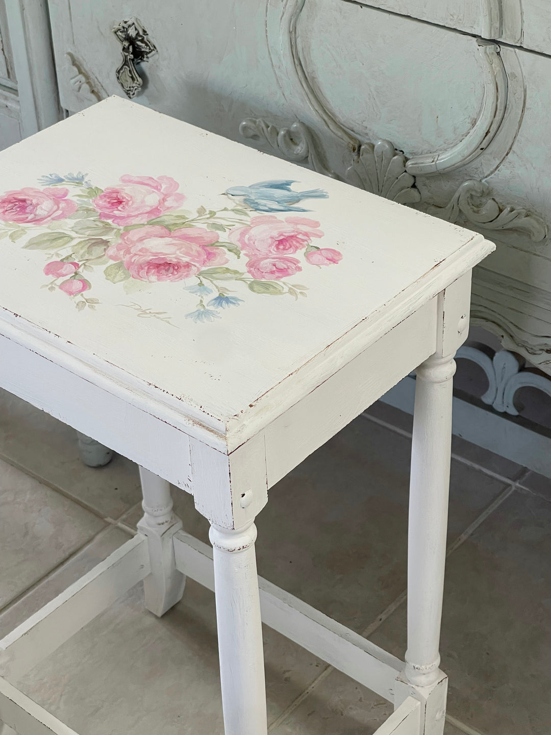 Vintage Hand-Painted Bluebird &amp; Roses Accent Table – Signed Original by Debi Coule