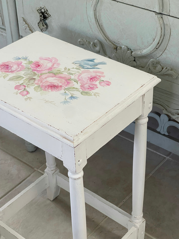 Vintage Hand-Painted Bluebird &amp; Roses Accent Table – Signed Original by Debi Coule