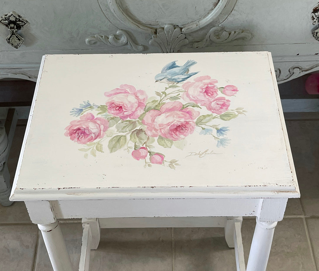 Vintage Hand-Painted Bluebird &amp; Roses Accent Table – Signed Original by Debi Coule