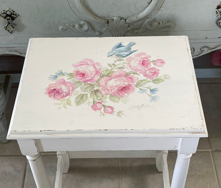 Vintage Hand-Painted Bluebird &amp; Roses Accent Table – Signed Original by Debi Coule
