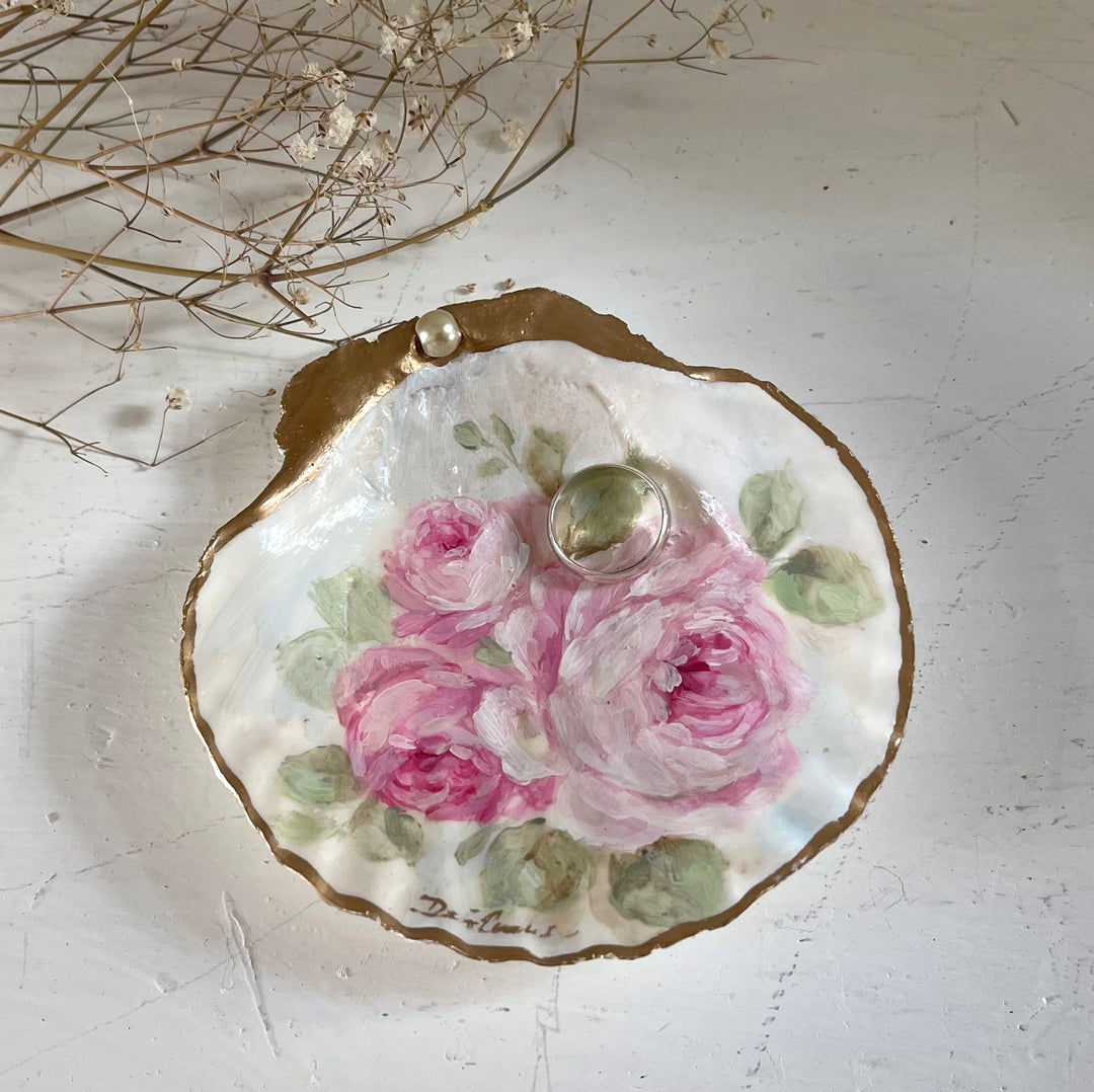 Shabby Chic Hand Painted Three Roses Shell Ring Dish Romantic Original by Debi Coules