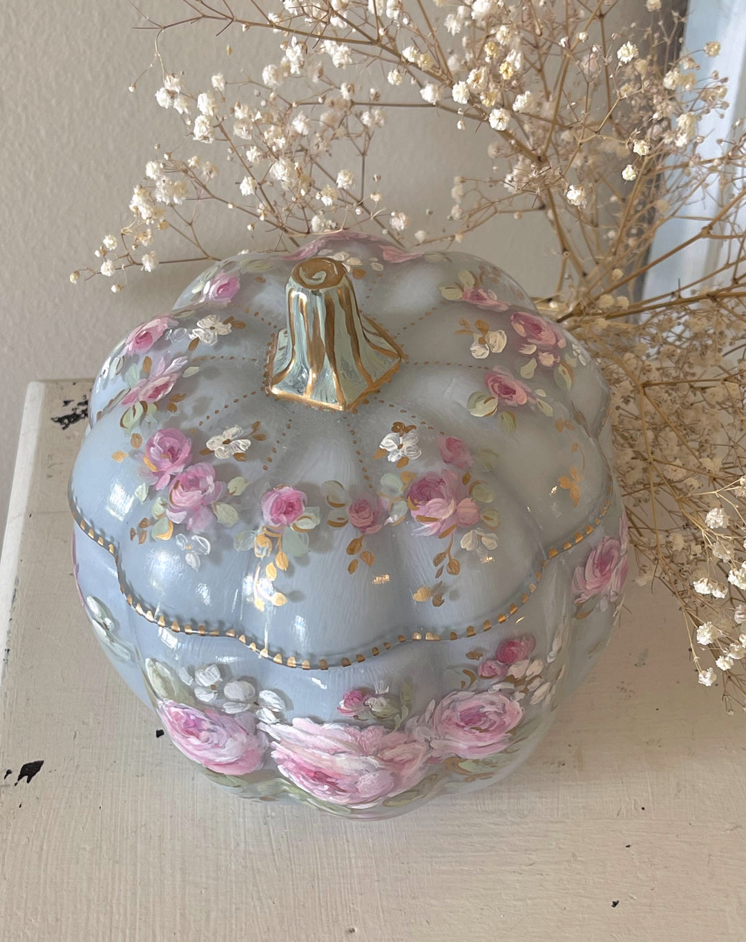 Shabby Chic Vintage Glass Hand Painted Roses Pumpkin by Debi Coules