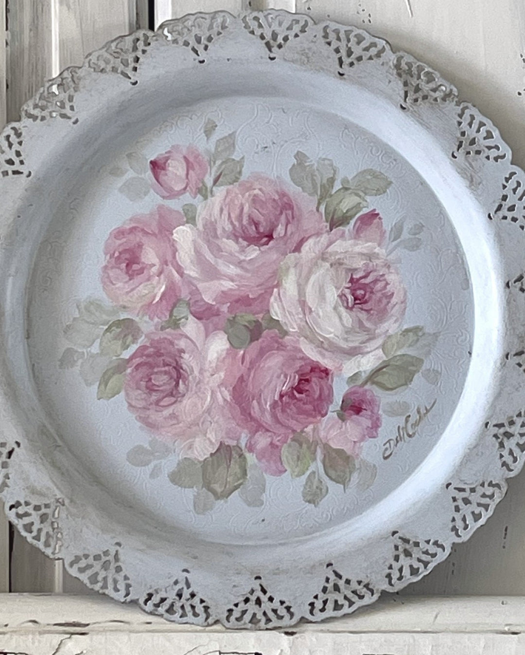 Shabby Chic Vintage Pink Roses Lace Edge Tray Original by Debi Coules