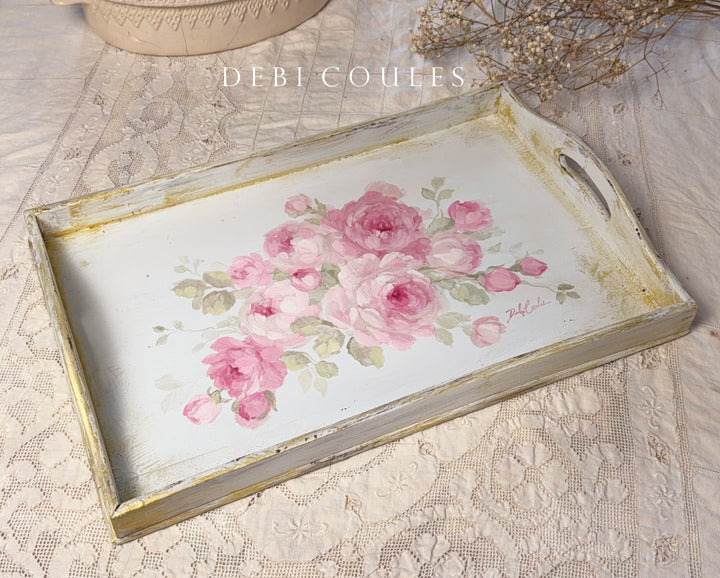 Shabby Chic Vintage Wooden Handled Pink Rose Tray Original by Debi Coules