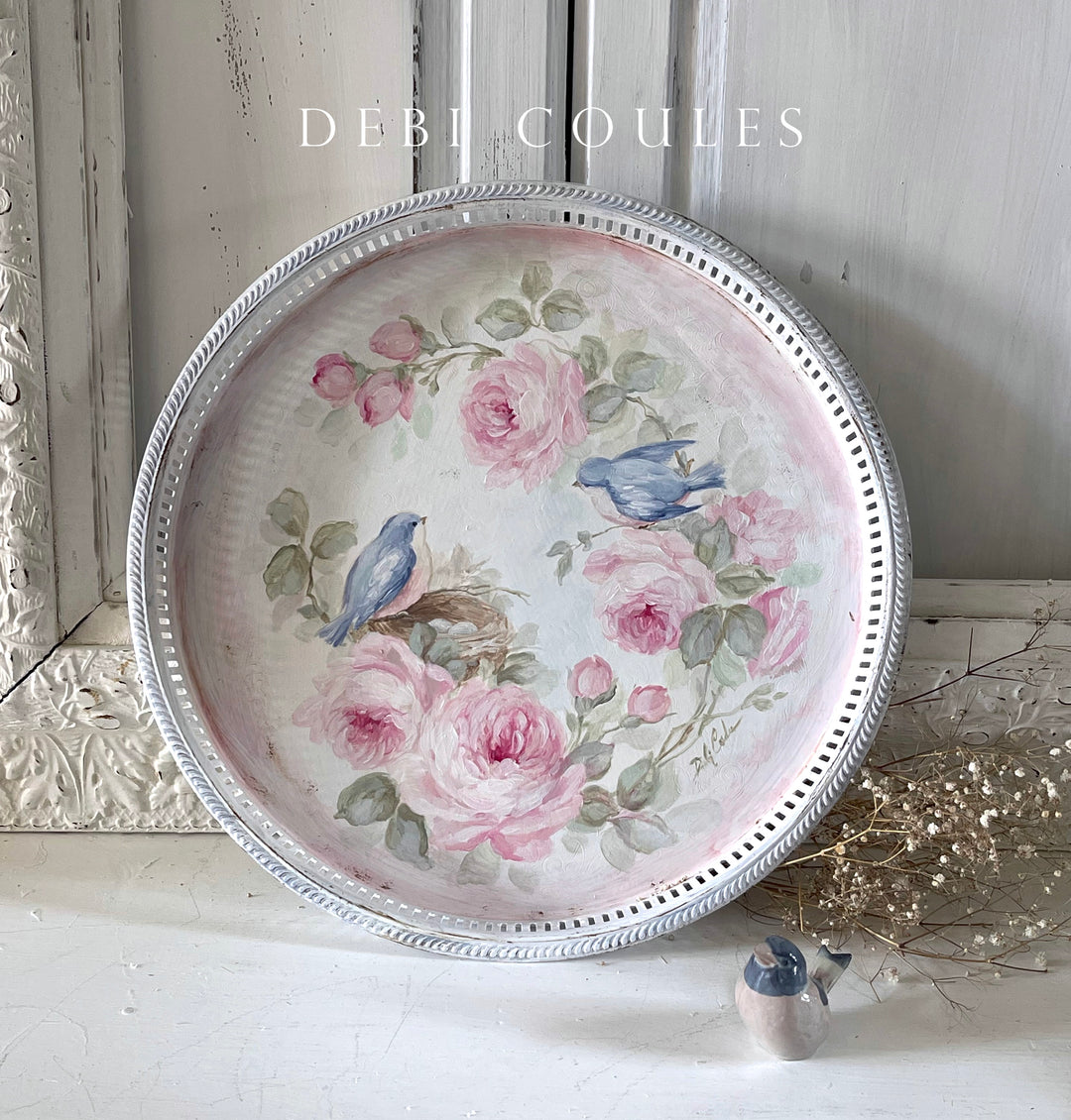 Shabby Chic Vintage Large Bluebird Roses And Nest Vintage Tray Original by Debi Coules
