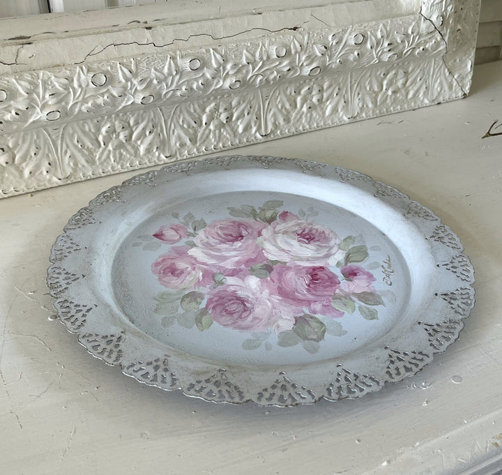 Shabby Chic Vintage Pink Roses Lace Edge Tray Original by Debi Coules