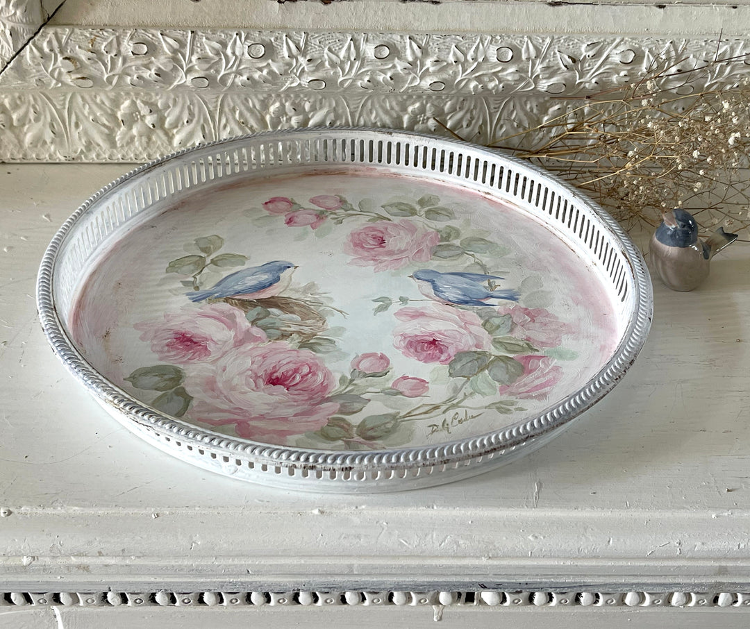 Shabby Chic Vintage Large Bluebird Roses And Nest Vintage Tray Original by Debi Coules