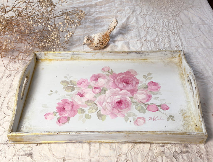 Shabby Chic Vintage Wooden Handled Pink Rose Tray Original by Debi Coules