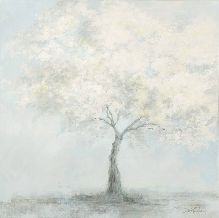 Whispered Blooms | Romantic White Blossom Tree Painting | Soft Blue & White Landscape | Original by Debi Coules