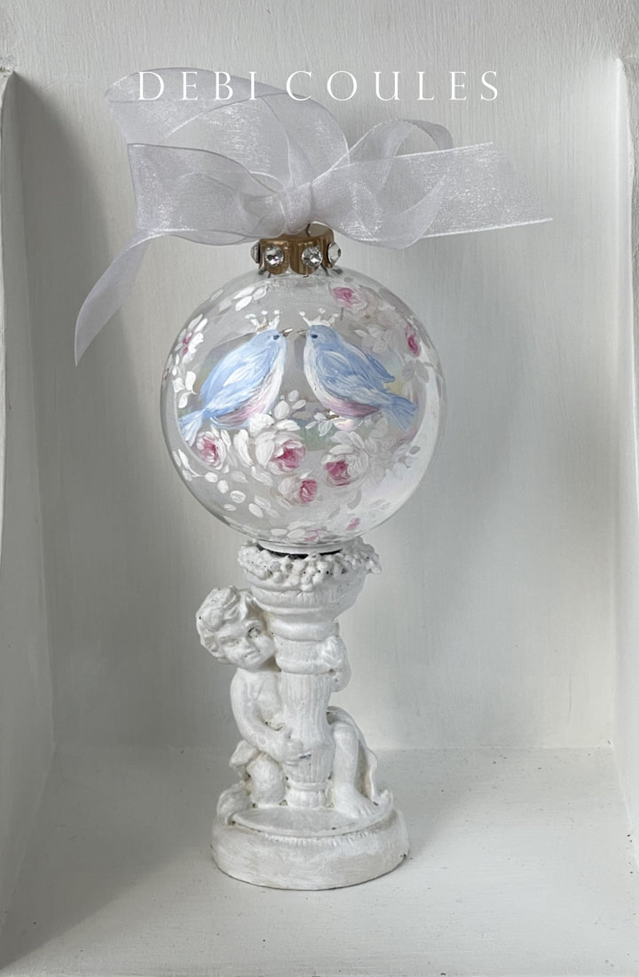 Shabby Chic Hand-Painted Bluebirds Roses and Rhinestones Iridescent Glass Globe Holiday Ornament by Debi Coules