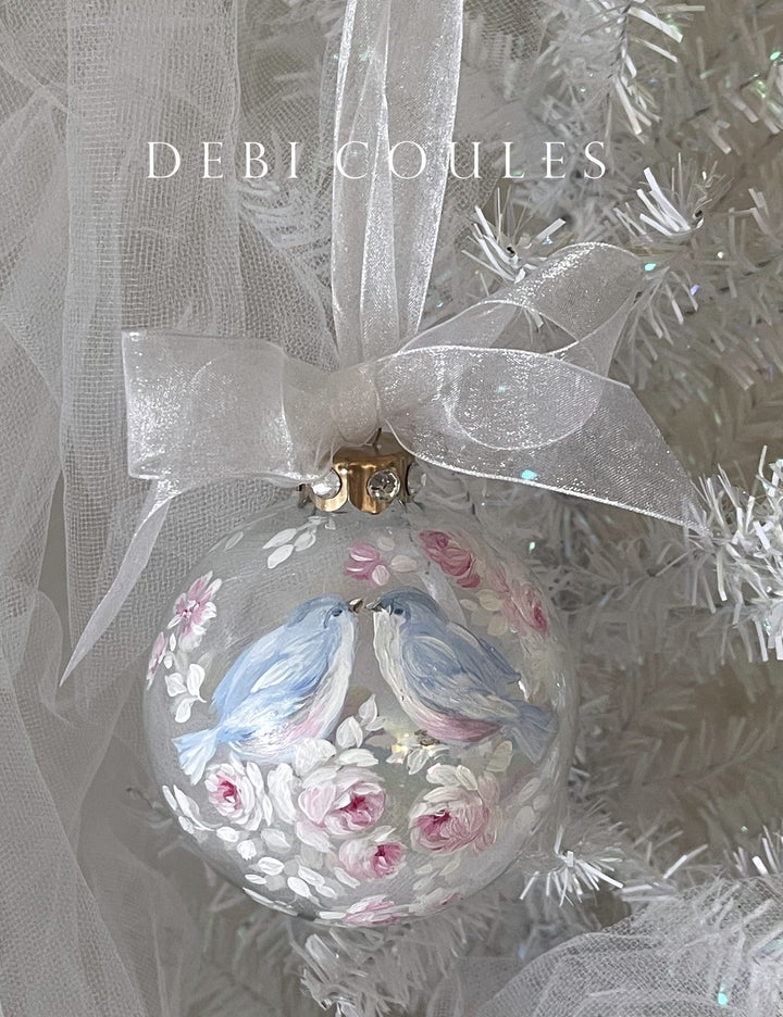 Bluebird and Roses Large Glass Globe Ornament Swarovski Crystal Rhinestones Original Debi Coules