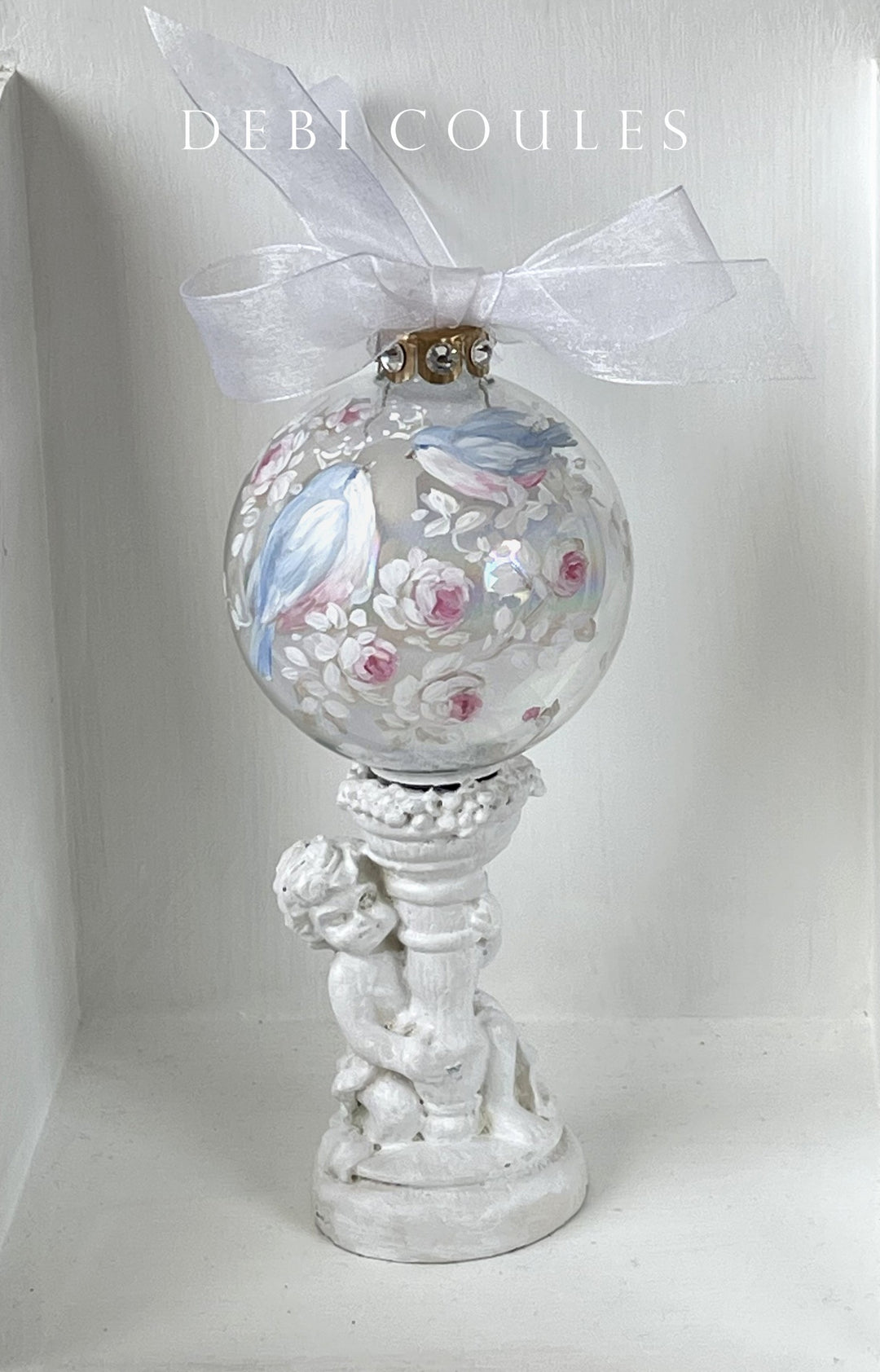 Shabby Chic Hand-Painted Bluebirds and Roses Rhinestones Iridescent Glass Globe Holiday Ornament by Debi Coules