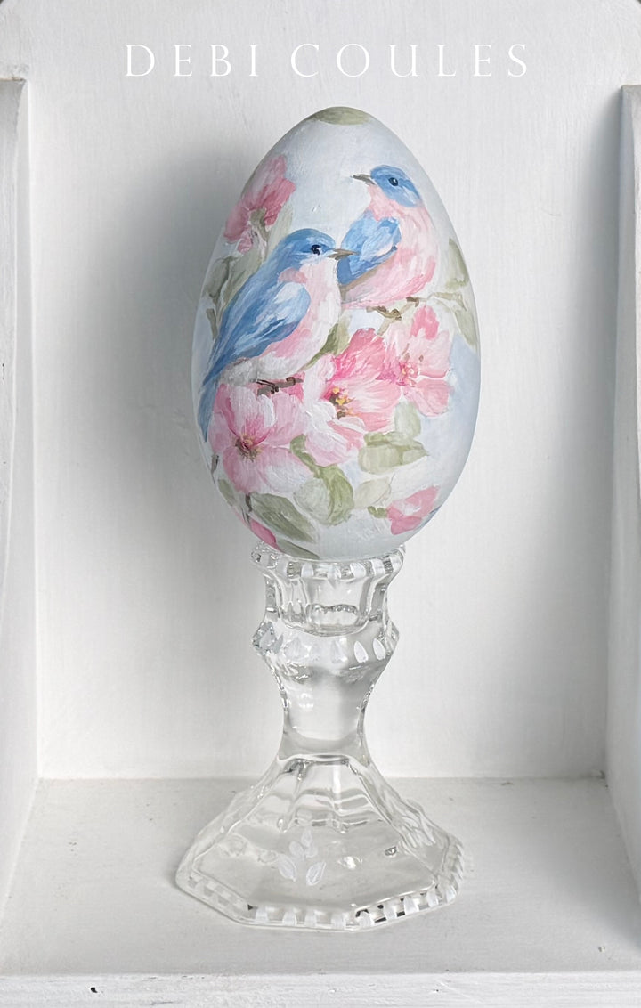Shabby Chic Hand-Painted Bluebirds and Roses Wooden Easter Egg on Glass Stand –  by Debi Coules