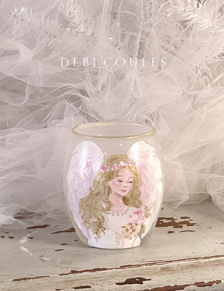Original Hand-Painted Large Frosted Glass Angel Votive – Praying Angel Holding a Rose with Floral Wreath & Gold Leaf by Debi Coules