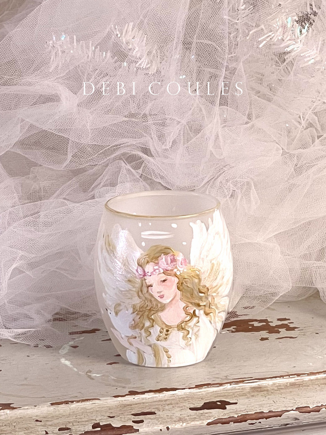 Original Hand-Painted Large Frosted Glass Angel Votive – Angel with Roses in Her Hair Holding a Dove, Accented with Gold Leaf by Debi Coules