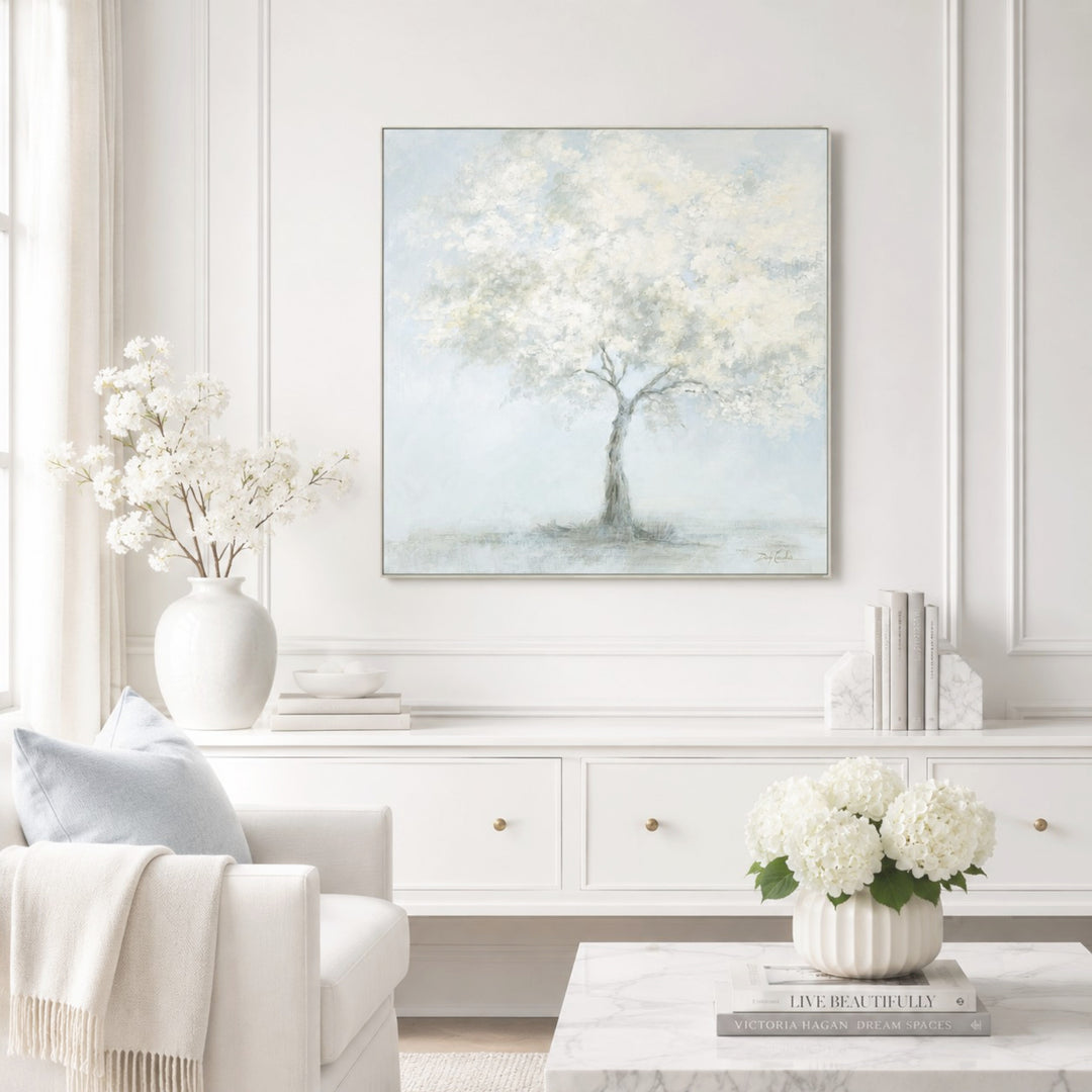 Whispered Blooms | Romantic White Blossom Tree Painting | Soft Blue & White Landscape | Original by Debi Coules
