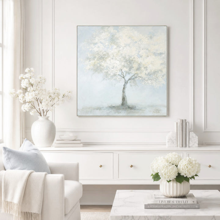Whispered Blooms | Romantic White Blossom Tree Painting | Soft Blue & White Landscape | Original by Debi Coules