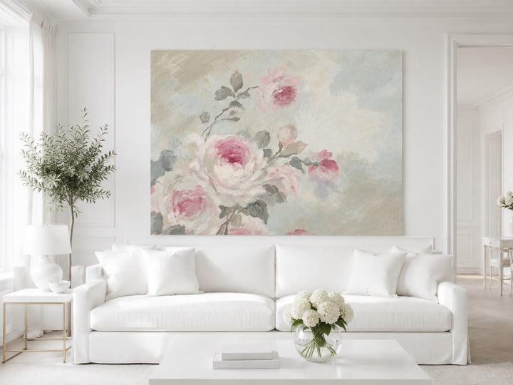 Whispers on the Morning Air – Blush Pink Rose Floral Art Print | Romantic Cottagecore Wall Art | Canvas or Paper Print