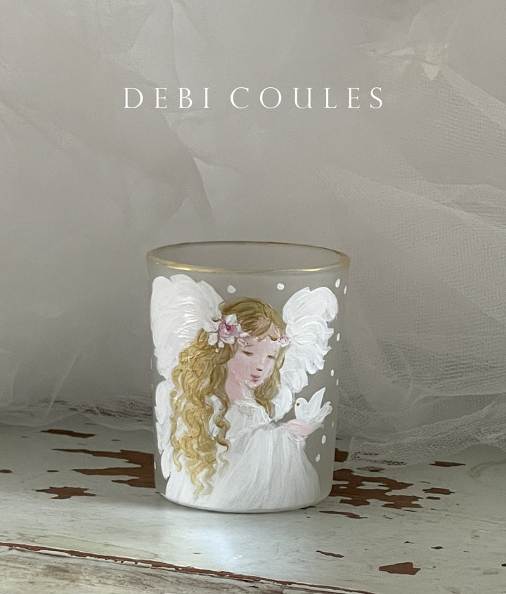 Angel in White With Dove Frosted Glass Votive Holiday Shabby Chic Original Debi Coules