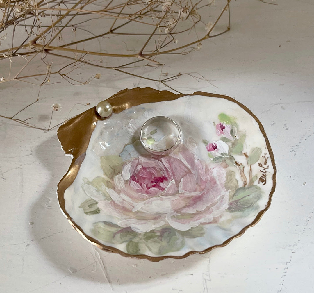 Shabby Chic Hand Painted Pink Rose Shell Ring Dish Romantic Original by Debi Coules