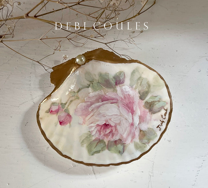 Shabby Chic Hand Painted Pink Rose Shell Ring Dish Romantic Original by Debi Coules