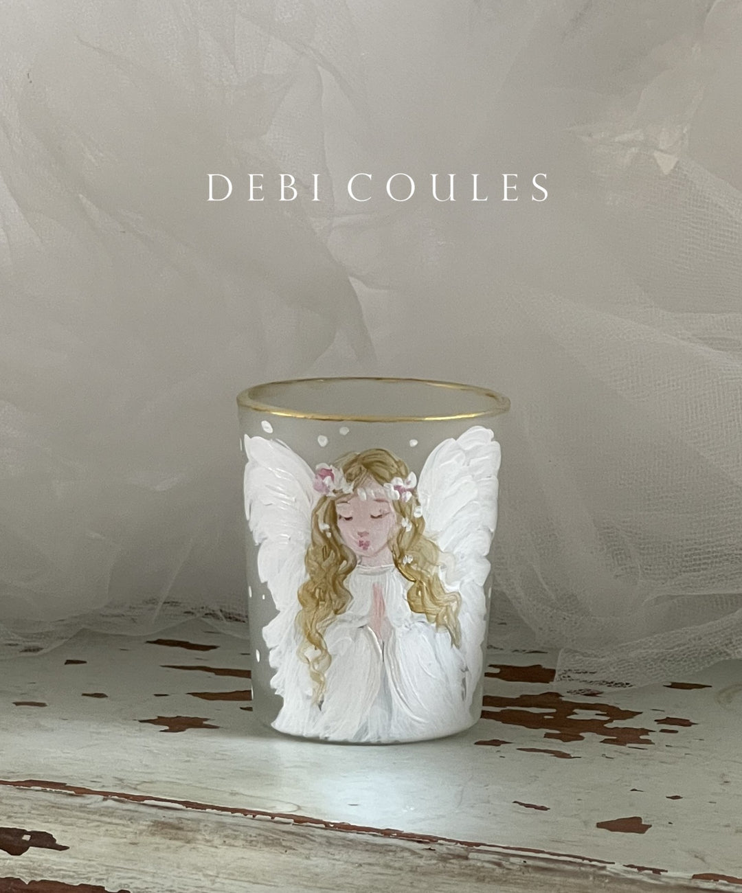 Angel in White Frosted Glass Votive Roses Holiday Shabby Chic Original Debi Coules