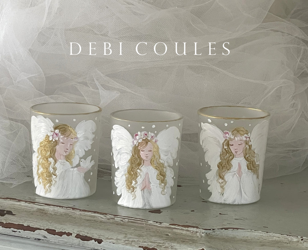 Angel in White With Dove Frosted Glass Votive Holiday Shabby Chic Original Debi Coules