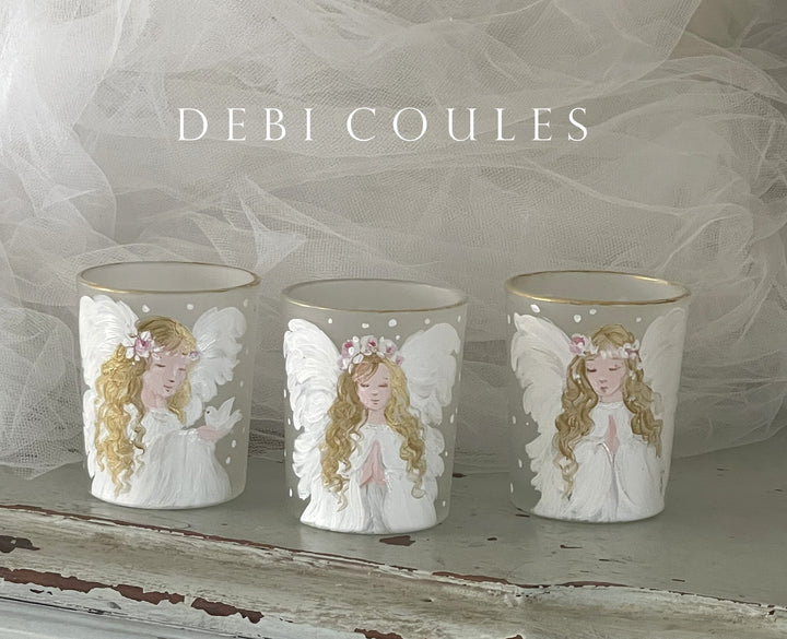 Angel in White Frosted Glass Votive Roses Holiday Shabby Chic Original Debi Coules